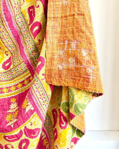 Vintage Cotton Kantha Quilt In Yellow And Pink #39