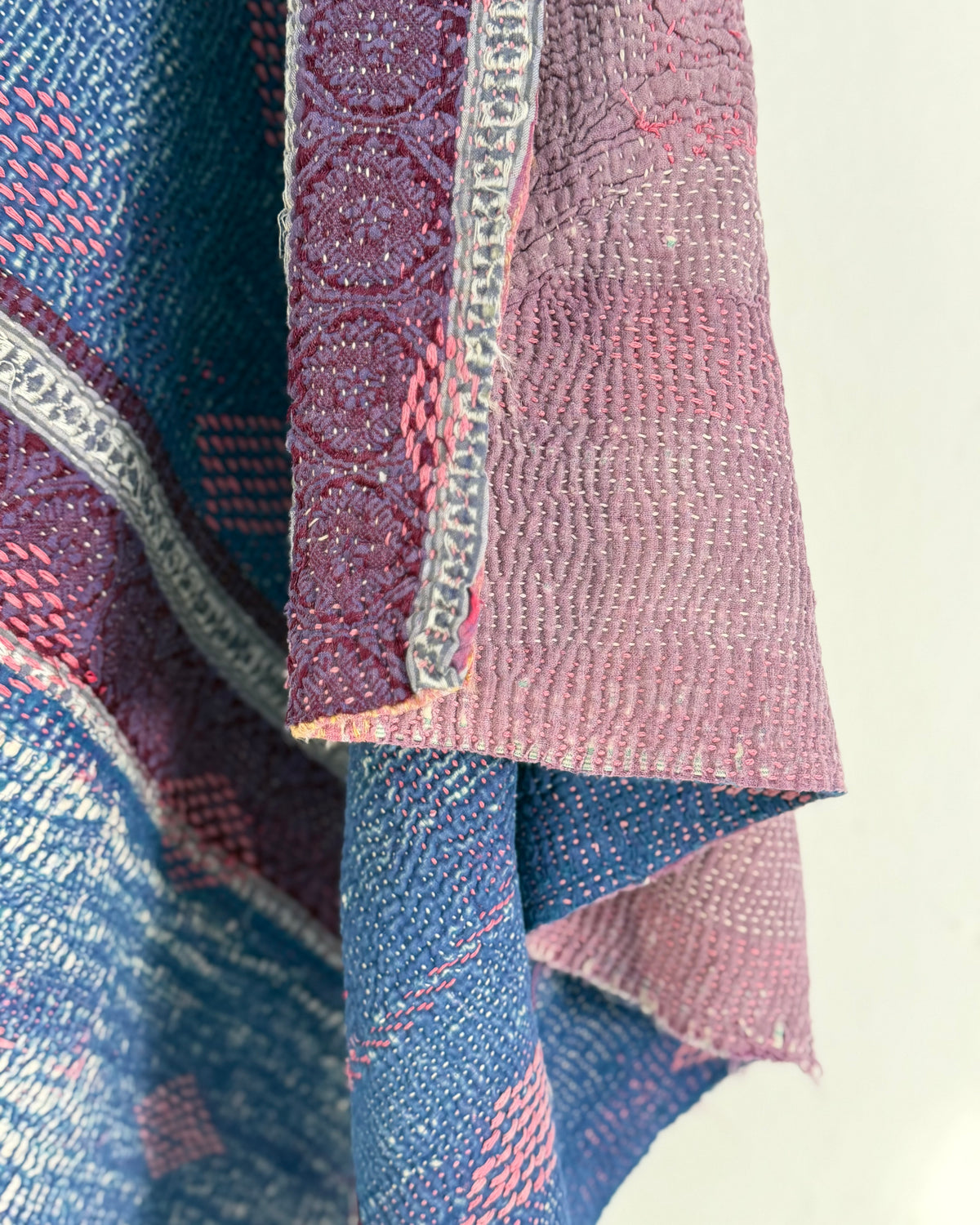 Heavy Fine Stitched Embroidered Vintage Kantha Quilt in Blue and Pink