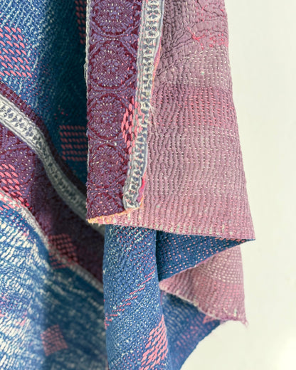 Heavy Fine Stitched Embroidered Vintage Kantha Quilt in Blue and Pink