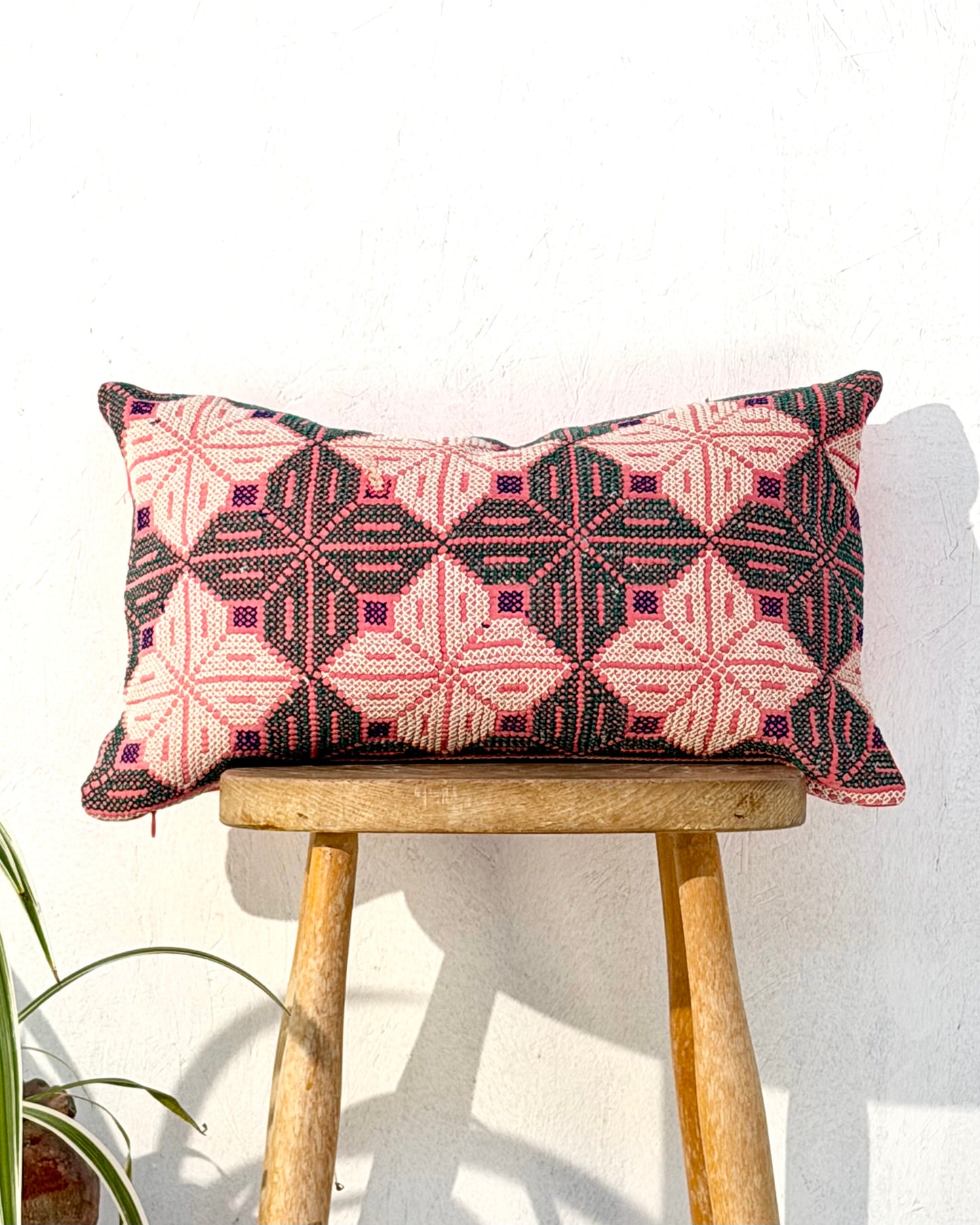 Vintage Galichi Kantha Cushion Cover In Pink - Small Rectangular