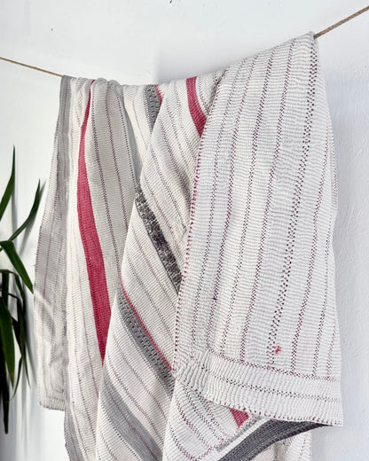 Large Heavy Fine Stitched Embroidered Vintage Kantha Quilt in White and Pink - Biggs & Hill