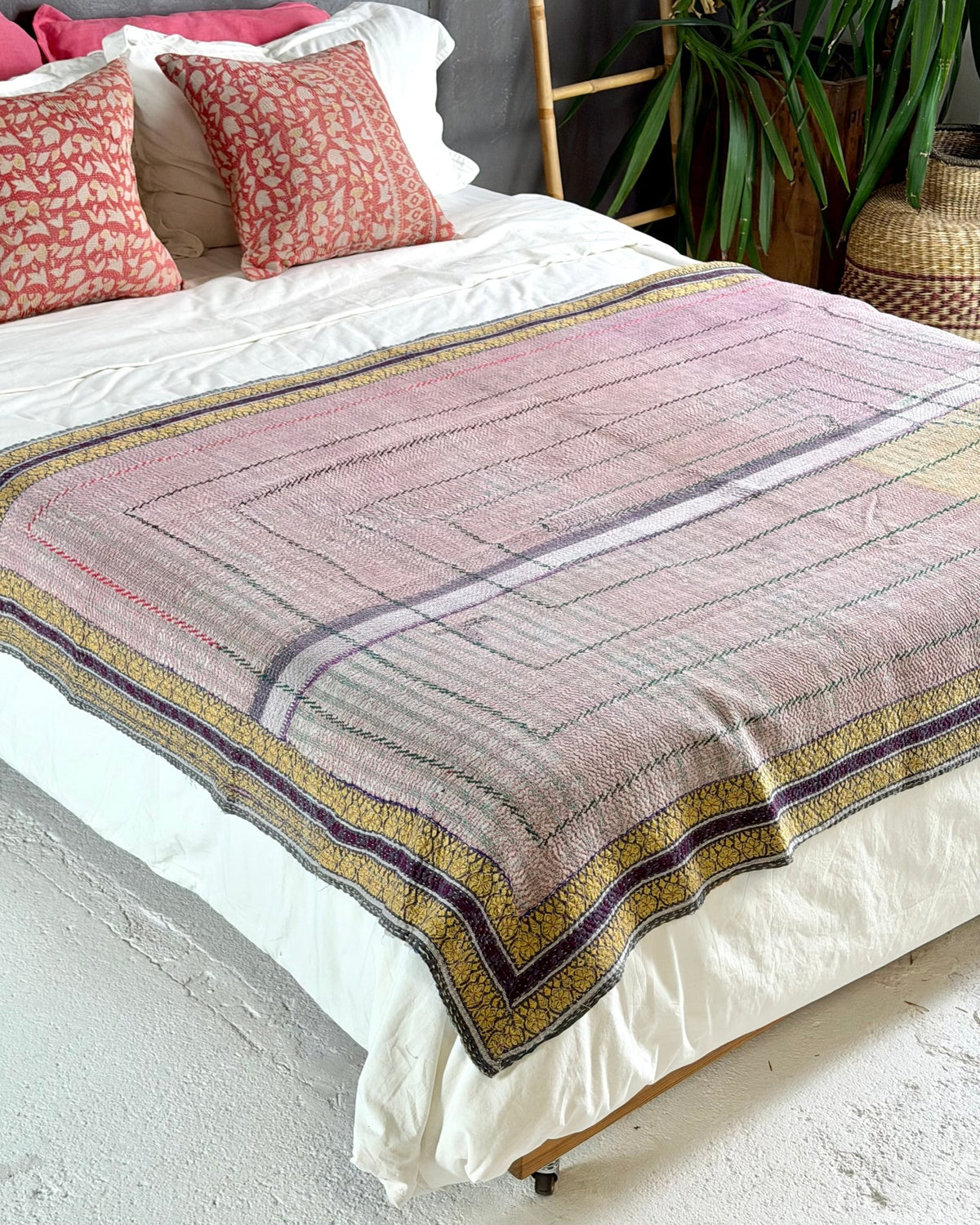 Embroidered Vintage Kantha Quilt in Pink and Turquoise - Biggs & Hill