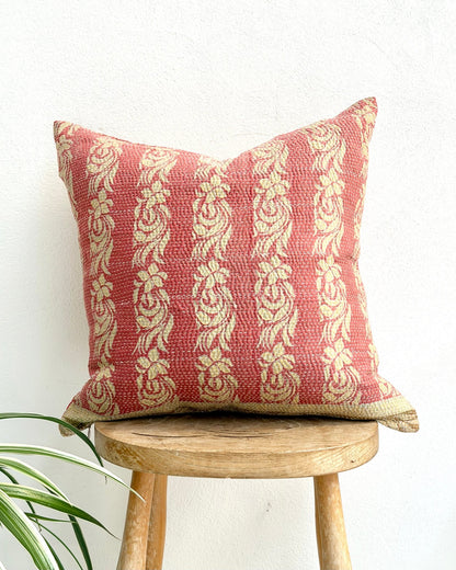 Handmade Vintage Kantha Cushion Cover In Pink and Beige - 45cm (18") - Biggs & Hill