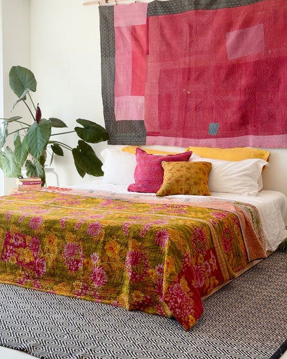 Large Fine Stitched Vintage Kantha Quilt in Bold Pink and Yellow Floral - Biggs & Hill