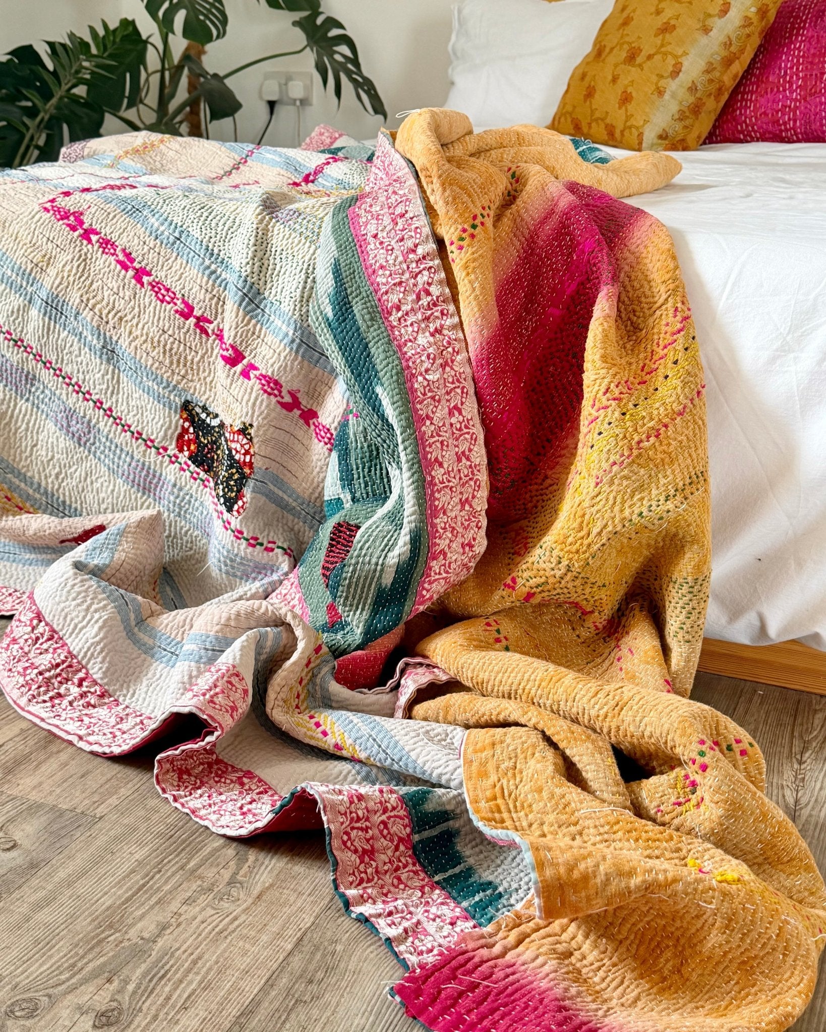 Heavy Fine Stitched Embroidered Vintage Kantha Quilt in Yellow, Pink and Blue - Biggs & Hill