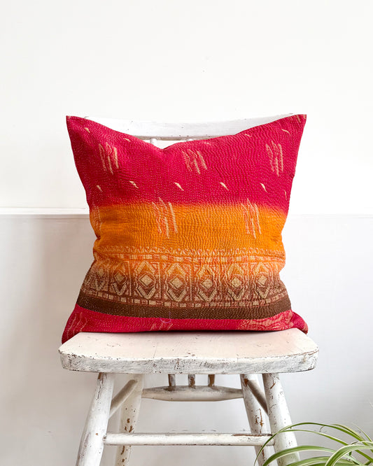 Vintage Kantha Cushion In Sunset Red and Orange - 45cm Square
