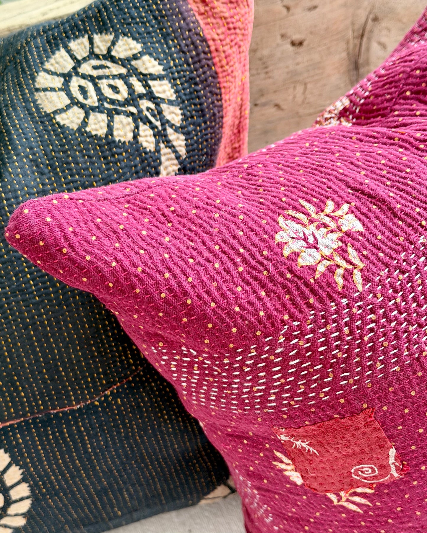 Vintage Kantha Cushion In Deep Pink - 45cm Square