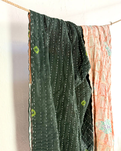 Vintage Cotton Kantha Quilt In Peach and Black 01 - Biggs & Hill