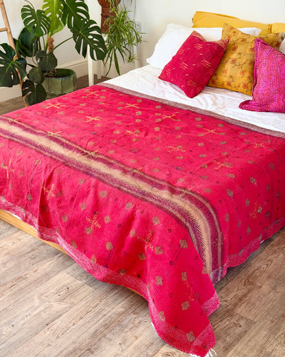Large Embroidered Vintage Kantha Quilt in Red with Neon Embroidery