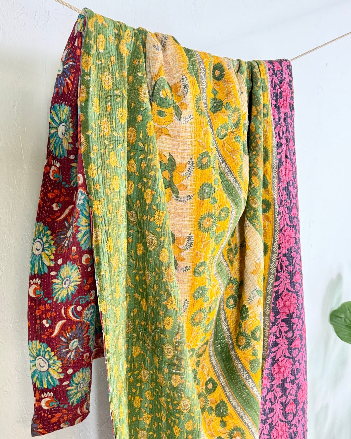 Large Fine Stitched Vintage Kantha Quilt in Bright Pink and Green - Biggs & Hill