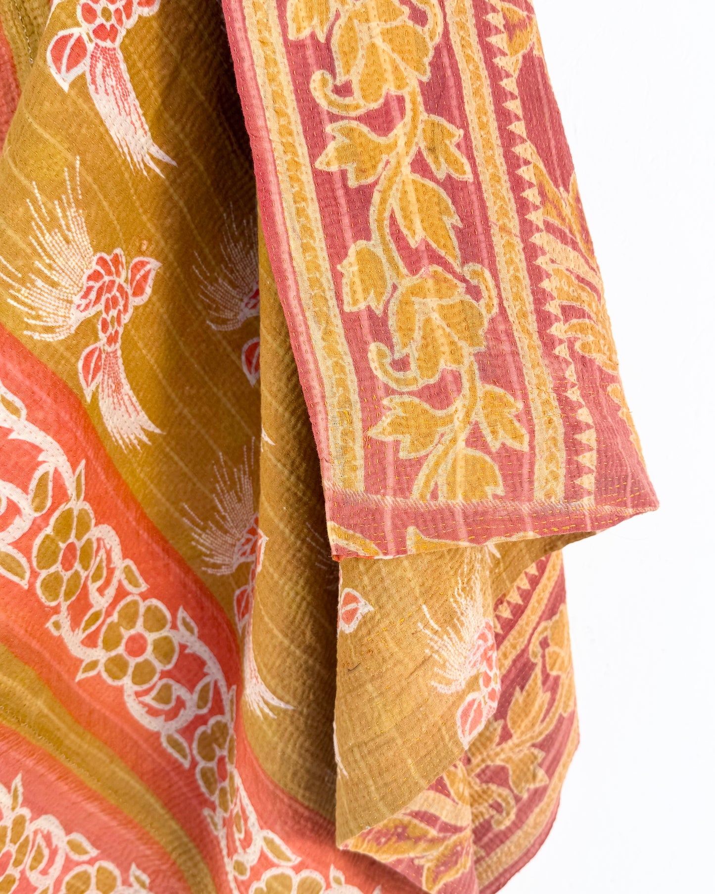 Large Fine Stitched Vintage Kantha Quilt in Mustard and Pink