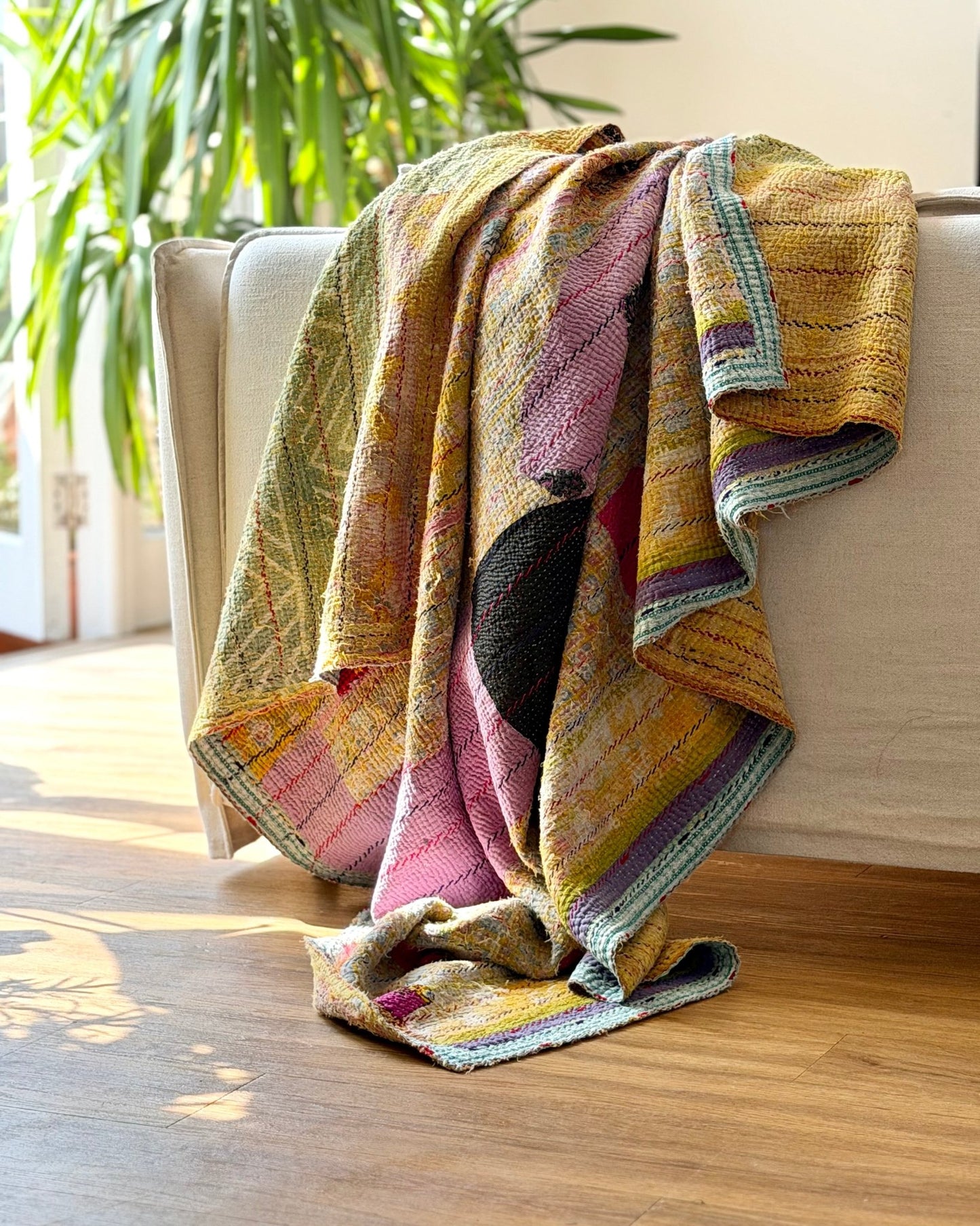 Large Textured Vintage Kantha Quilt In Abstract Pink, Purple and Yellow - Biggs & Hill