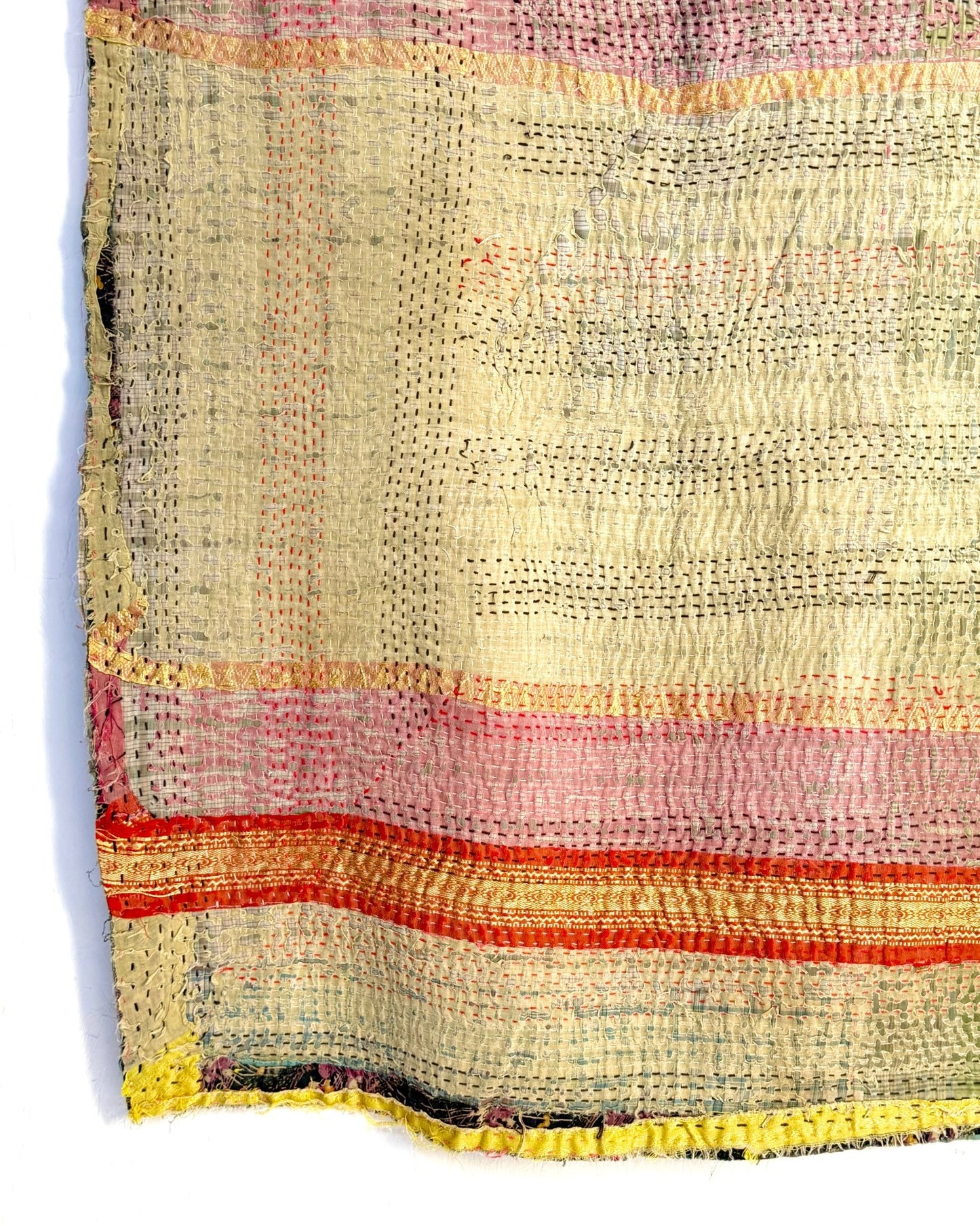 Textured Vintage Kantha Quilt In Green and Gold - Biggs & Hill