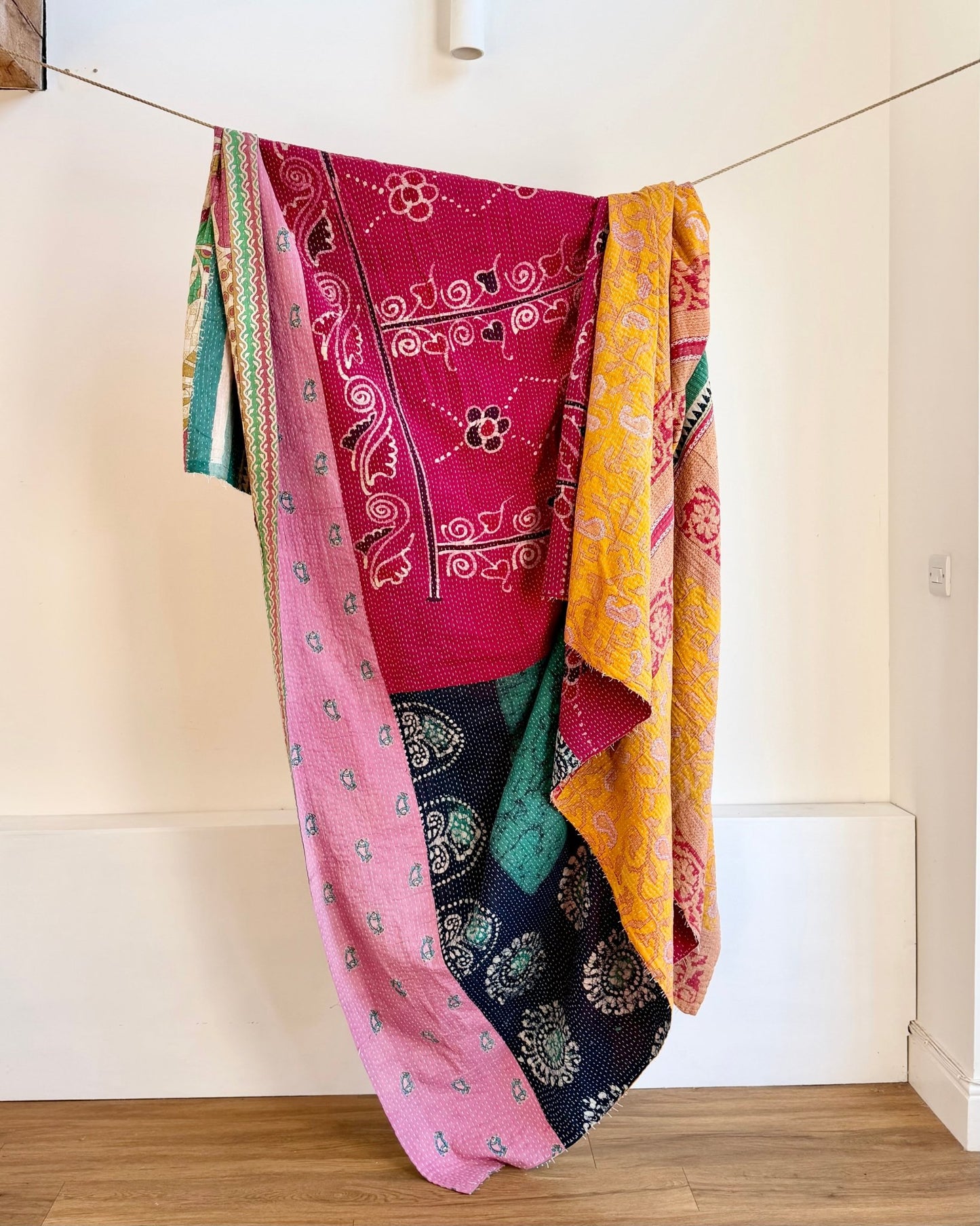 Super King Vintage Kantha Quilt in Pink, Blue and Yellow - Biggs & Hill