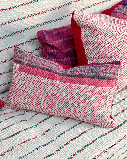 Vintage Kantha Cushion Cover In Pink and Purple - Small Rectangular
