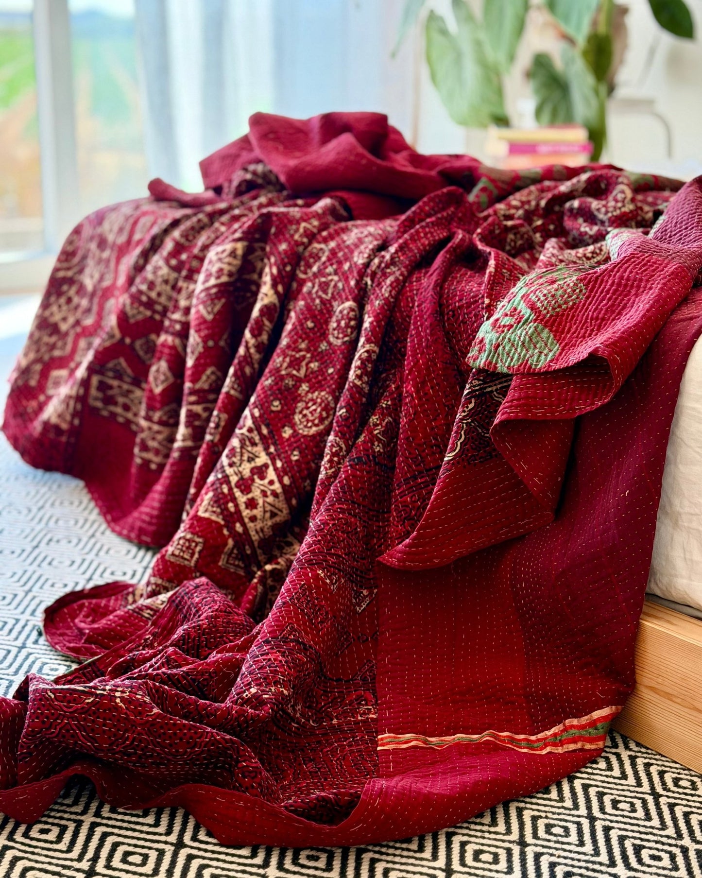 Extra Large Ajrakh Printed Vintage Kantha Quilt In Deep Red - Biggs & Hill