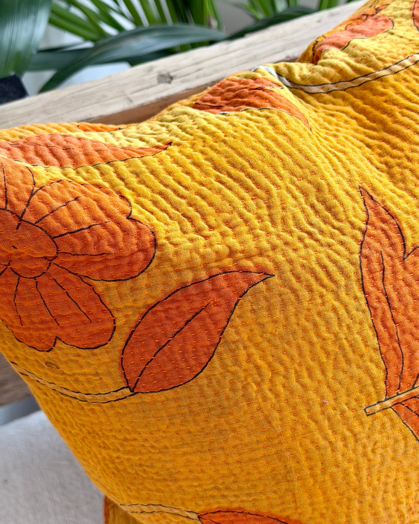 Vintage Kantha Cushion In Yellow Floral - 45cm Square
