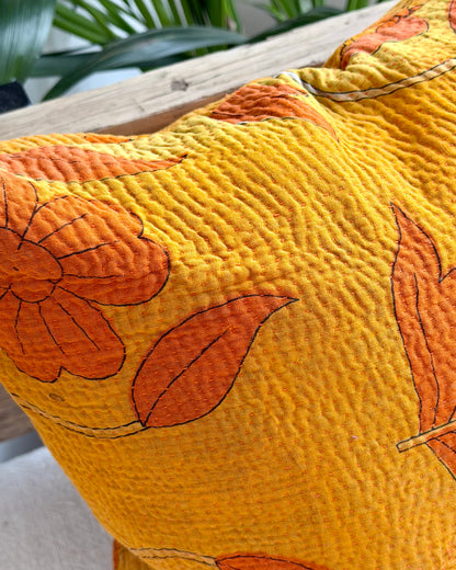 Vintage Kantha Cushion In Yellow Floral - 45cm Square
