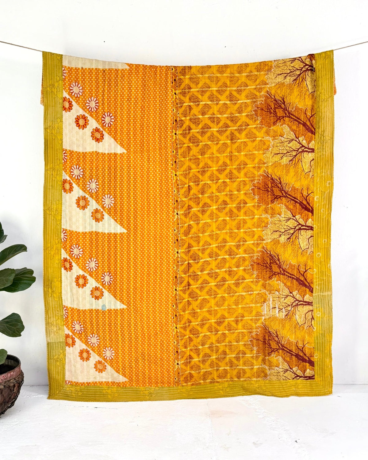 Large Fine Stitched Vintage Kantha Quilt in Yellow and Orange - Biggs & Hill
