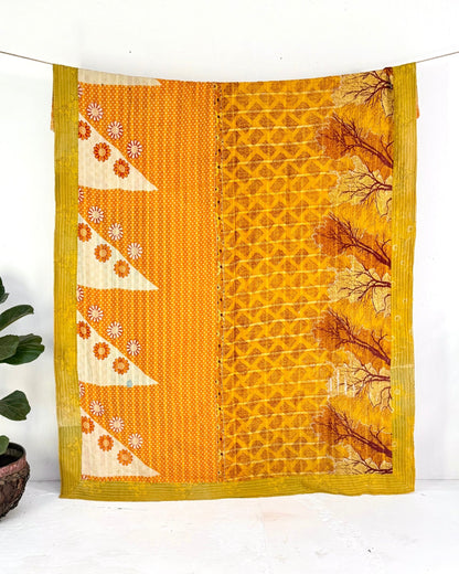 Large Fine Stitched Vintage Kantha Quilt in Yellow and Orange - Biggs & Hill