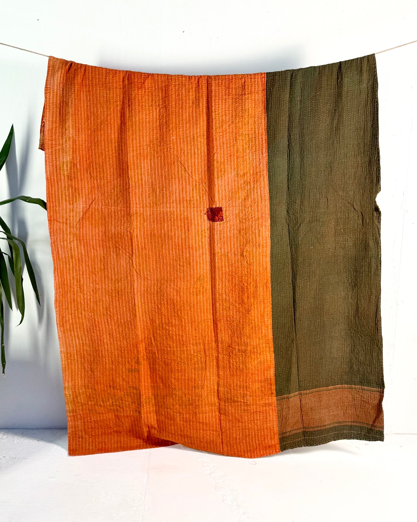 Project Kantha Quilt: Green and Orange with Ajrakh Print