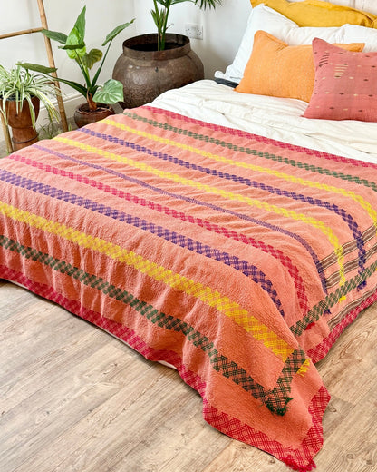 Large Embroidered Vintage Kantha Quilt in Pink and Orange - Biggs & Hill