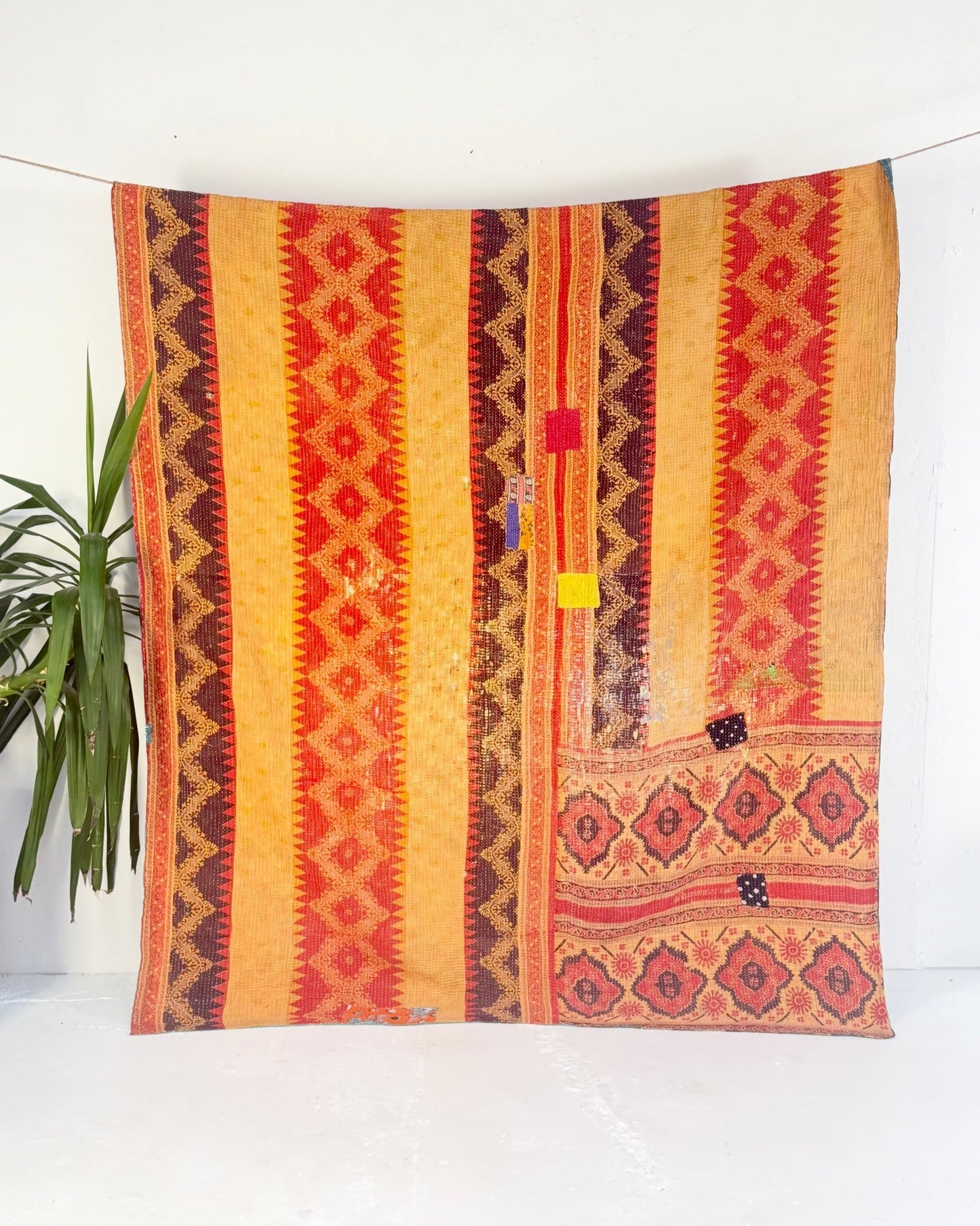 Extra Large Textured Vintage Kantha Quilt In Geometric Yellow, Black and Orange - Biggs & Hill