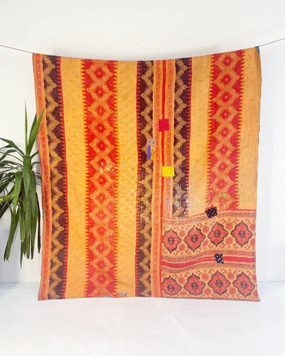 Extra Large Textured Vintage Kantha Quilt In Geometric Yellow, Black and Orange - Biggs & Hill
