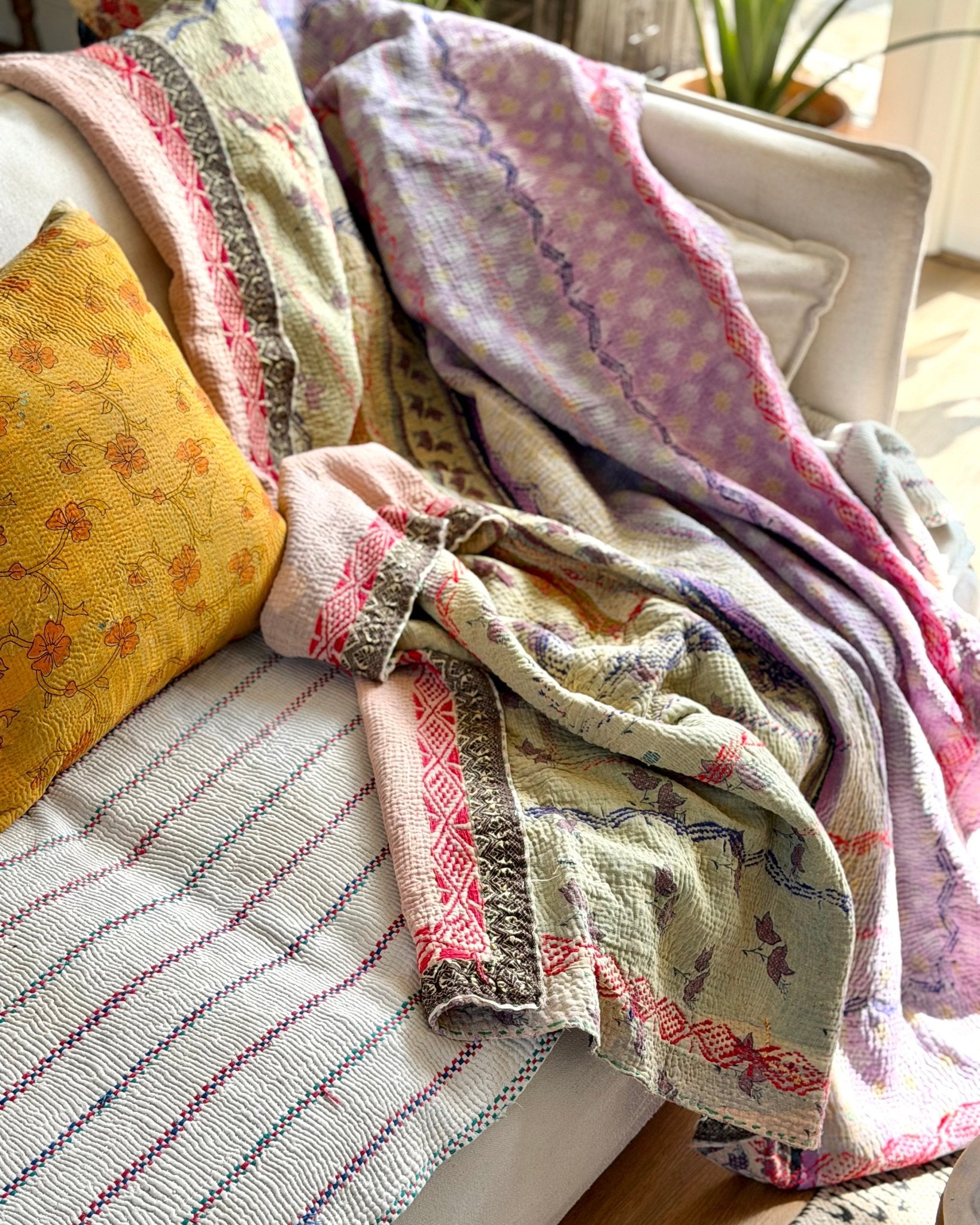 Embroidered Vintage Kantha Quilt in Yellow, Pink and Lilac - Biggs & Hill