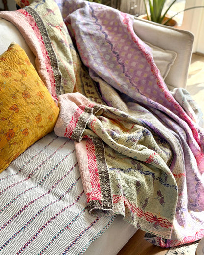 Embroidered Vintage Kantha Quilt in Yellow, Pink and Lilac - Biggs & Hill