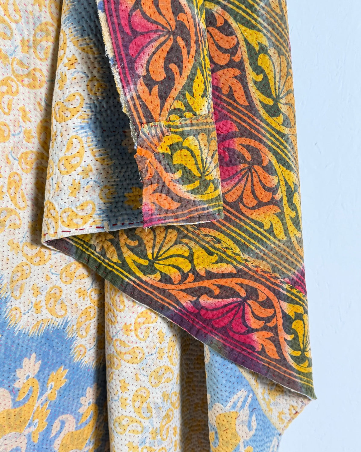 Large Textured Vintage Kantha Quilt in Geometric Pink and yellow - Biggs & Hill