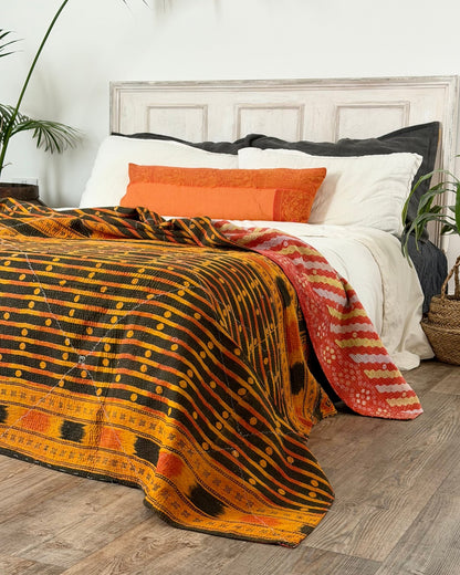 Large Fine Stitched Vintage Kantha Quilt in Orange, Black and Pink - Biggs & Hill