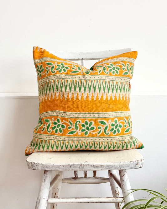 Vintage Kantha Cushion In Green and Orange- 45cm Square
