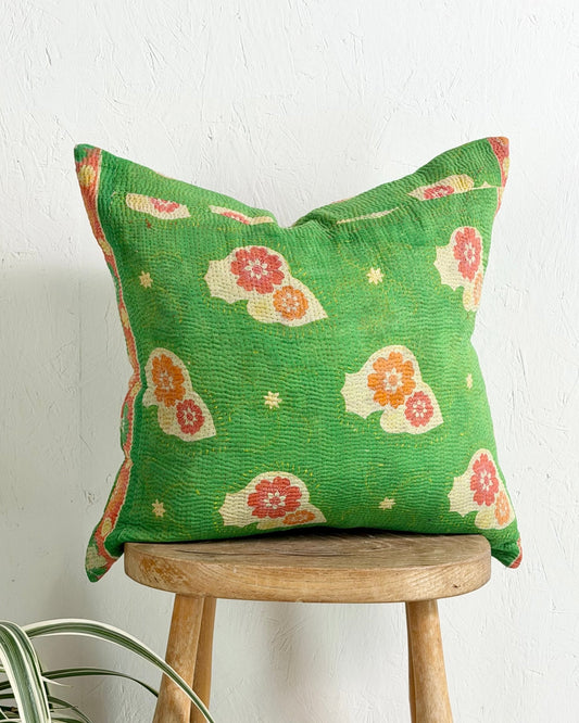 Handmade Vintage Kantha Cushion Cover In Green Floral - 45cm (18") Square - Biggs & Hill