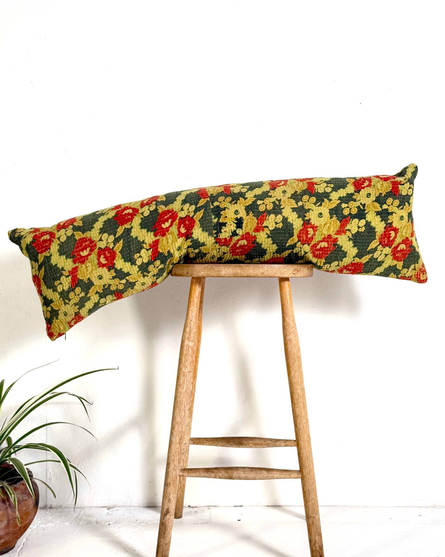 Vintage Kantha Bolster Cushion Cover In Green Floral 30 x 100