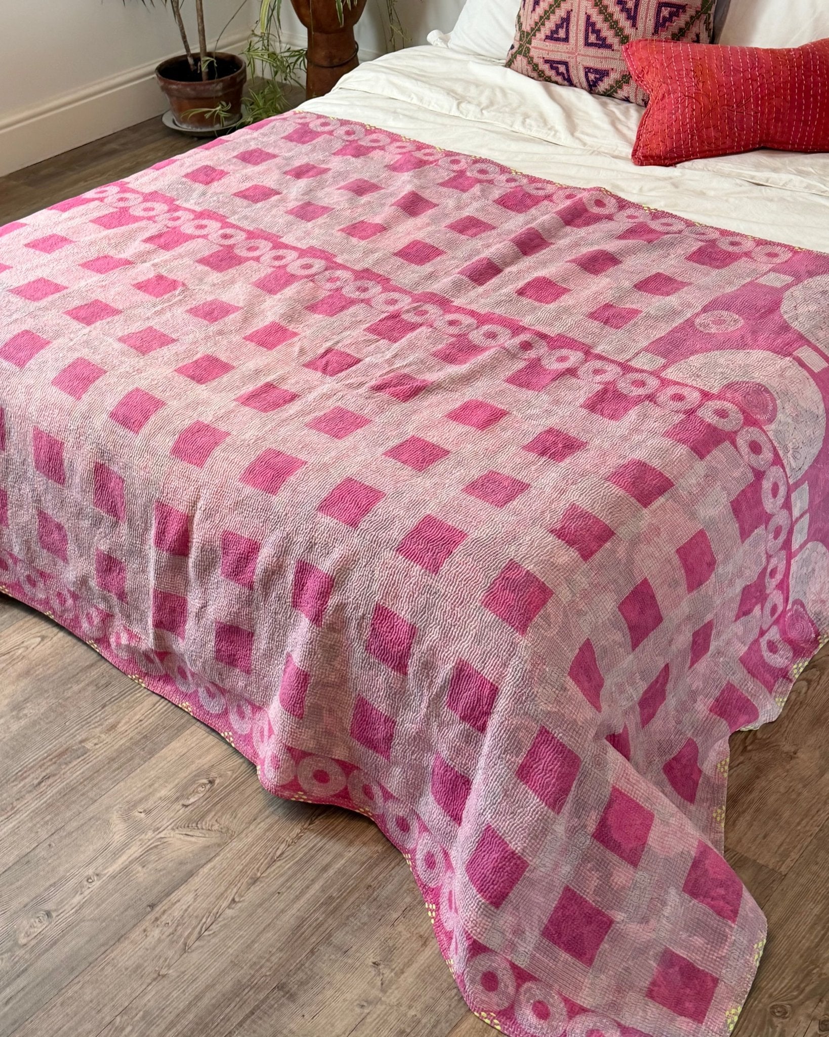 Large Fine Stitched Vintage Kantha Quilt With Pink Squares - Biggs & Hill