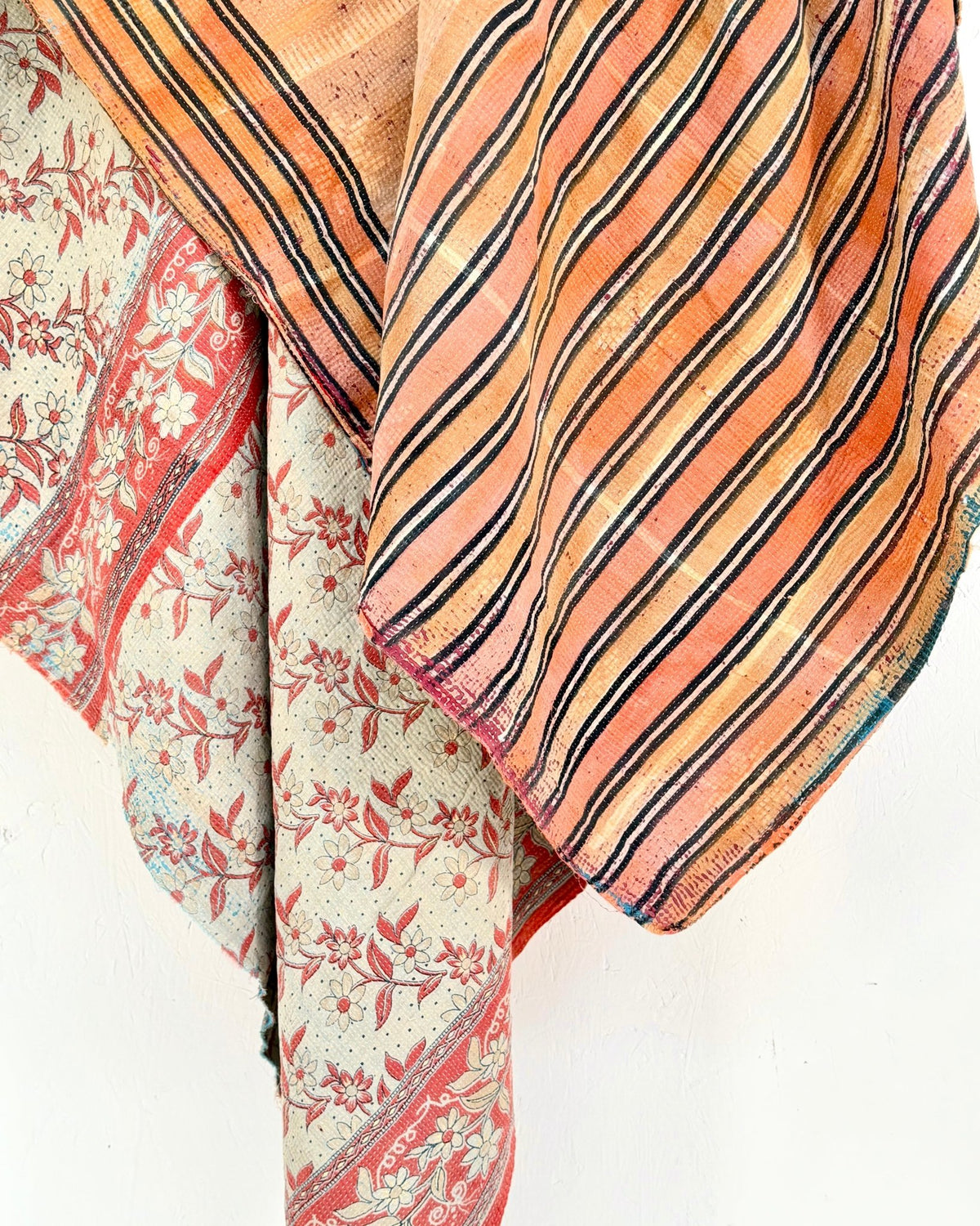 Extra Large Fine Stitched Vintage Kantha Quilt in Peachy Orange and Red - Biggs & Hill