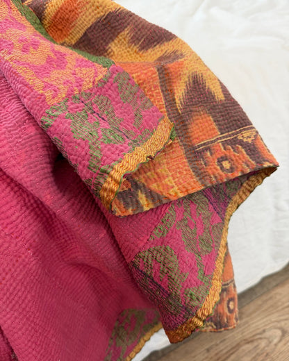 Large Fine Stitched Vintage Kantha Quilt With Yellow and Brown Flame Pattern - Biggs & Hill