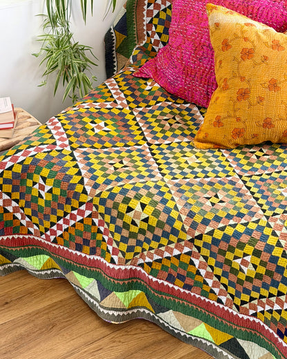 Vintage Embroidered Patchwork Ralli Quilt in Shades of Green