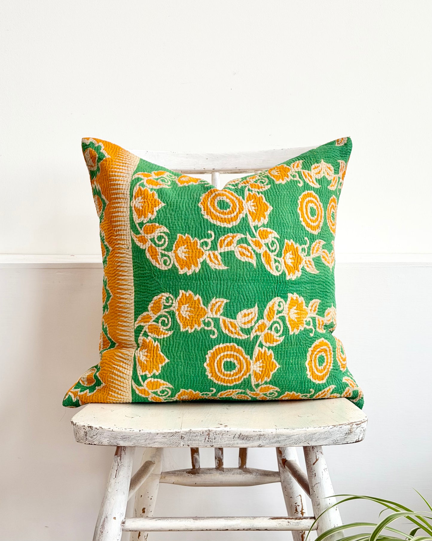 Vintage Kantha Cushion In Green and Orange- 45cm Square