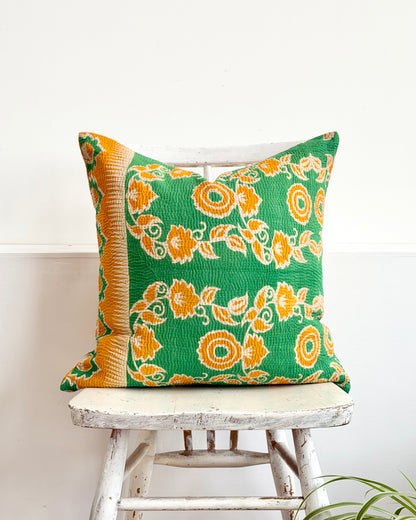 Vintage Kantha Cushion In Green and Orange- 45cm Square