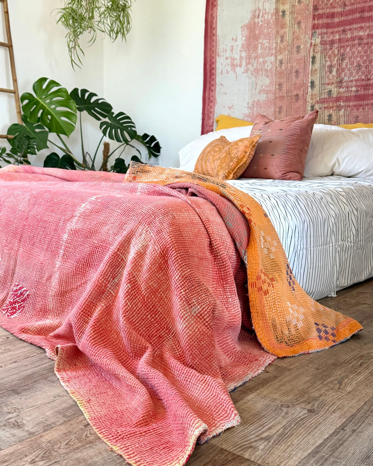 Fine Stitched Heavy Vintage Kantha Quilt in Soft Pink and Orange - FIRST picture - Biggs & Hill
