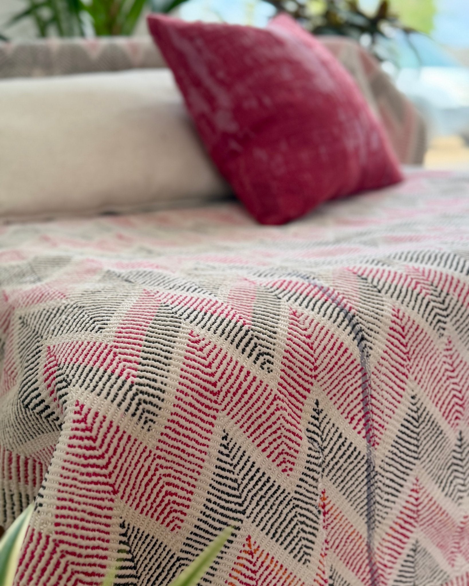 Heavy Vintage Lohori Kantha Quilt in Pink and Black Zig Zags - Biggs & Hill