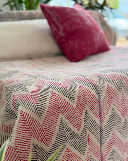 Heavy Vintage Lohori Kantha Quilt in Pink and Black Zig Zags - Biggs & Hill