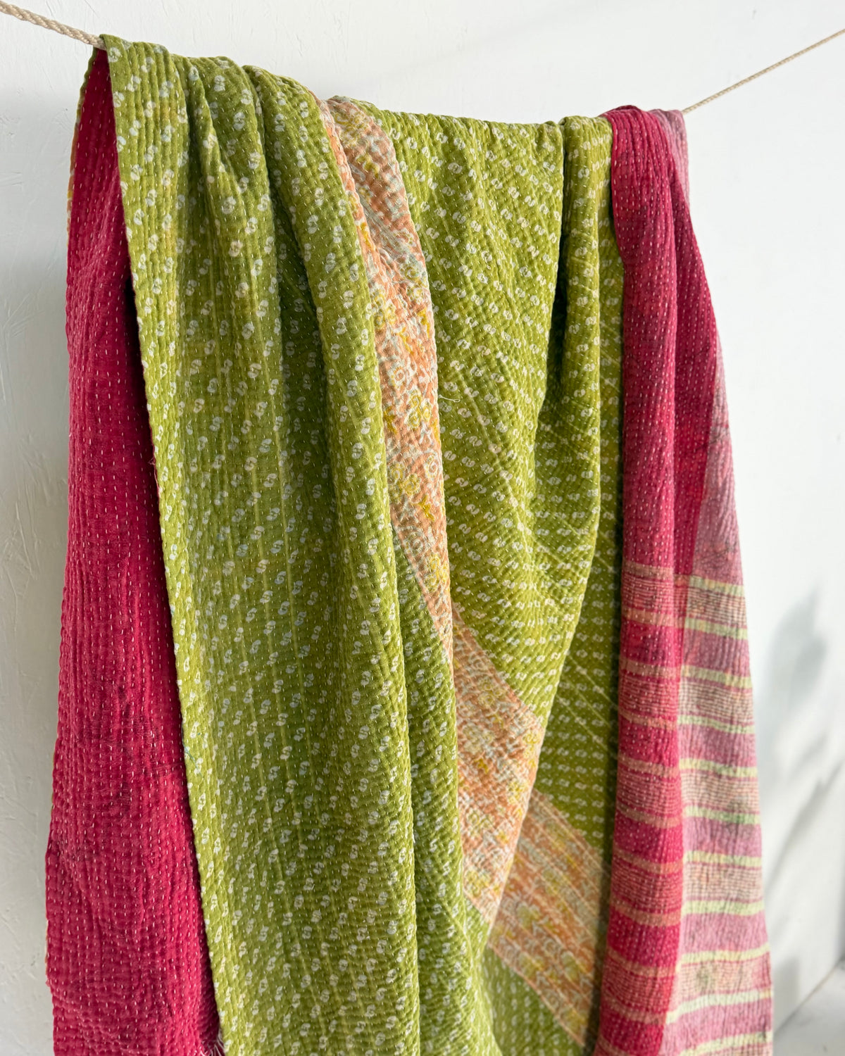 Extra Large Fine Stitched Vintage Kantha Quilt in Pink Stripes and Green
