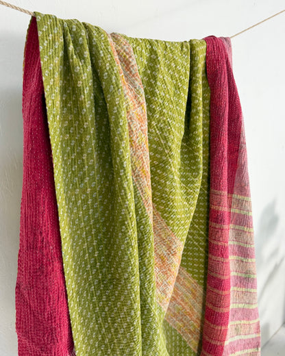 Extra Large Fine Stitched Vintage Kantha Quilt in Pink Stripes and Green
