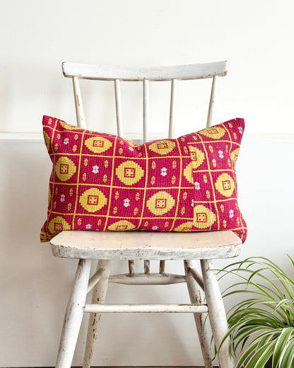 Vintage Kantha Cushion Cover In Lime Green and Pink - Small Rectangular - Biggs & Hill