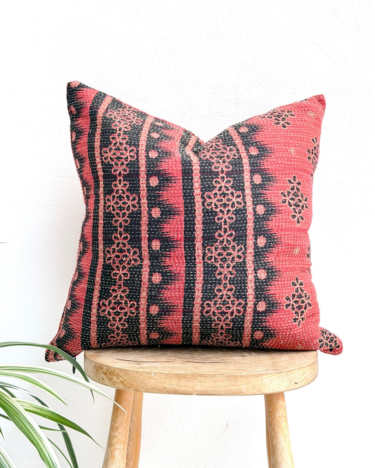 Handmade Reversible Vintage Kantha Cushion Cover In Red and Black - 45cm (18") - Biggs & Hill