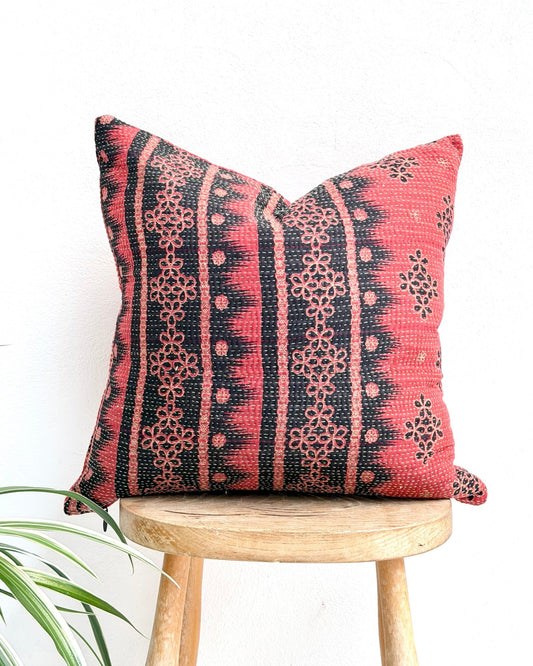 Handmade Reversible Vintage Kantha Cushion Cover In Red and Black - 45cm (18") - Biggs & Hill