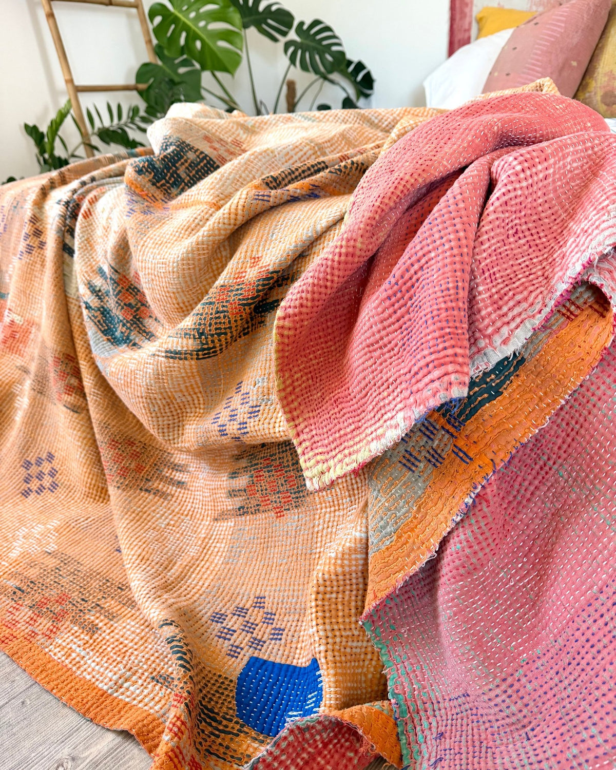 Fine Stitched Heavy Vintage Kantha Quilt in Soft Pink and Orange - FIRST picture - Biggs & Hill